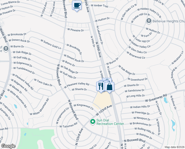 map of restaurants, bars, coffee shops, grocery stores, and more near 9938 West Oak Ridge Drive in Sun City