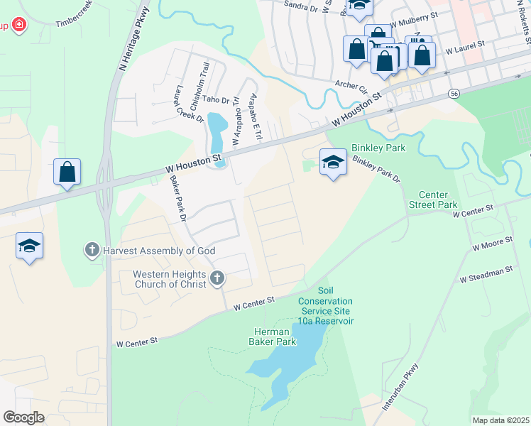map of restaurants, bars, coffee shops, grocery stores, and more near 2310 West Houston Street in Sherman