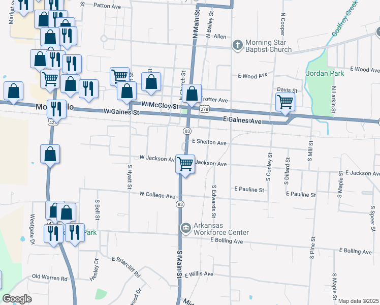 map of restaurants, bars, coffee shops, grocery stores, and more near 201 South Main Street in Monticello