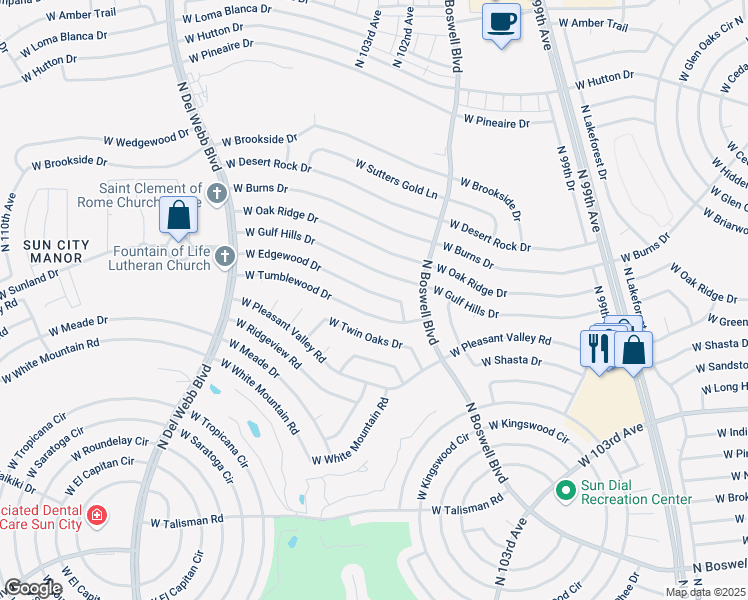 map of restaurants, bars, coffee shops, grocery stores, and more near 10248 West Edgewood Drive in Sun City