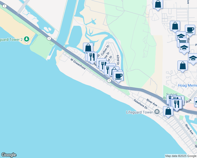 map of restaurants, bars, coffee shops, grocery stores, and more near 6404 West Oceanfront in Newport Beach