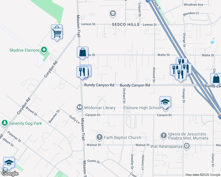 map of restaurants, bars, coffee shops, grocery stores, and more near 21375 Bundy Canyon Road in Wildomar