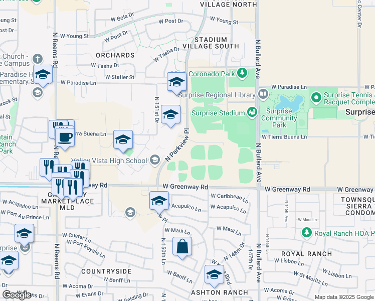 map of restaurants, bars, coffee shops, grocery stores, and more near 15795 North Parkview Place in Surprise