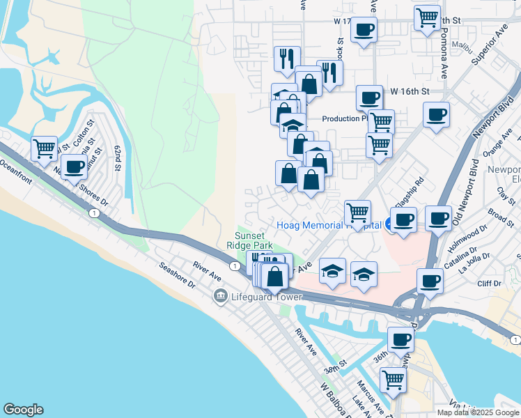 map of restaurants, bars, coffee shops, grocery stores, and more near 11 Baruna Court in Newport Beach