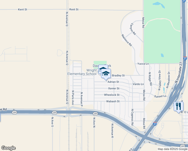 map of restaurants, bars, coffee shops, grocery stores, and more near 5100 N Ave North in Lubbock