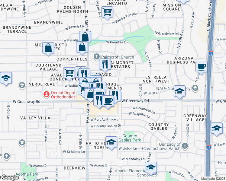 map of restaurants, bars, coffee shops, grocery stores, and more near 3330 West Greenway Road in Phoenix