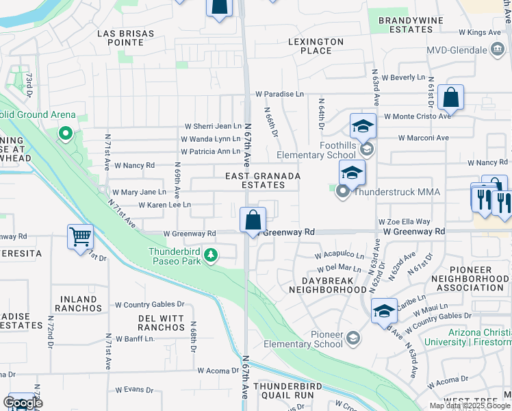 map of restaurants, bars, coffee shops, grocery stores, and more near 6653 West Mary Jane Lane in Glendale