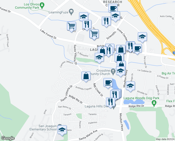 map of restaurants, bars, coffee shops, grocery stores, and more near 22446 Caminito Grande in Laguna Hills