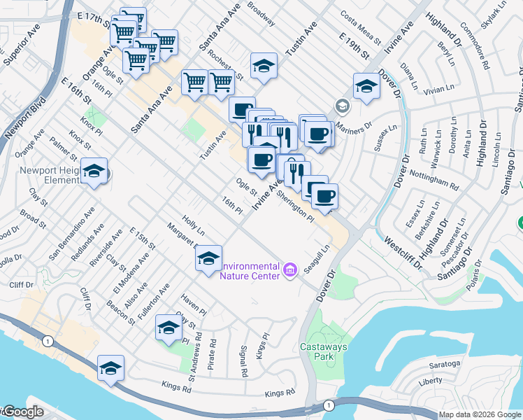 map of restaurants, bars, coffee shops, grocery stores, and more near 493 Ogle Street in Costa Mesa