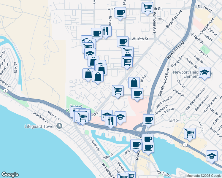 map of restaurants, bars, coffee shops, grocery stores, and more near 1433 Superior Avenue in Newport Beach