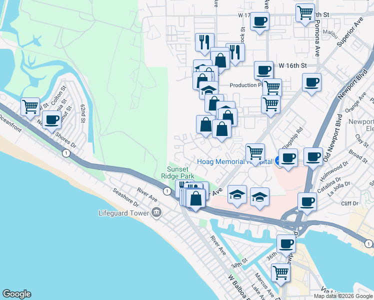 map of restaurants, bars, coffee shops, grocery stores, and more near 25 Odyssey Court in Newport Beach