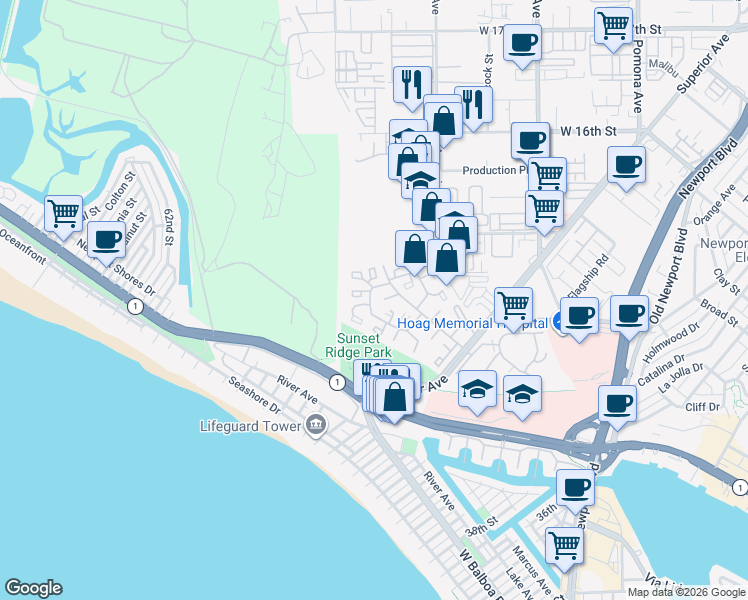 map of restaurants, bars, coffee shops, grocery stores, and more near 25 Odyssey Court in Newport Beach