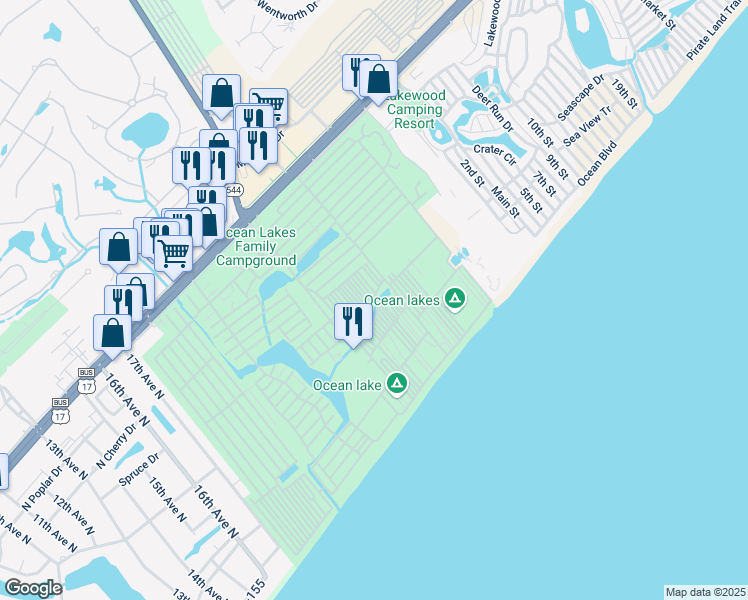 map of restaurants, bars, coffee shops, grocery stores, and more near N-16 Salt Works Drive in Myrtle Beach