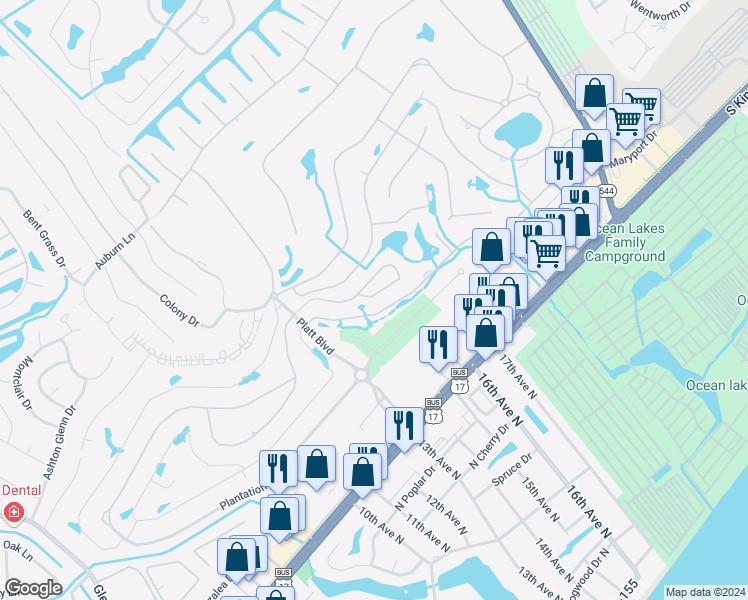 map of restaurants, bars, coffee shops, grocery stores, and more near 100 Deer Creek Road in Surfside Beach