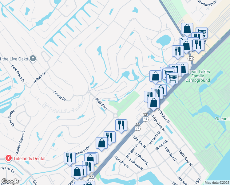 map of restaurants, bars, coffee shops, grocery stores, and more near 100 Deer Creek Road in Surfside Beach