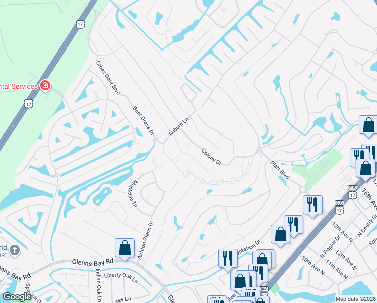 map of restaurants, bars, coffee shops, grocery stores, and more near 13 Colony Drive in Myrtle Beach