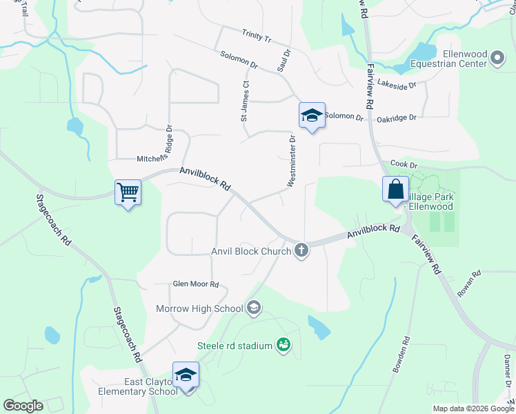 map of restaurants, bars, coffee shops, grocery stores, and more near 4664 Westminster Drive in Ellenwood