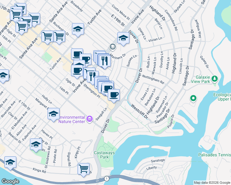 map of restaurants, bars, coffee shops, grocery stores, and more near 1601 Bedford Lane in Newport Beach