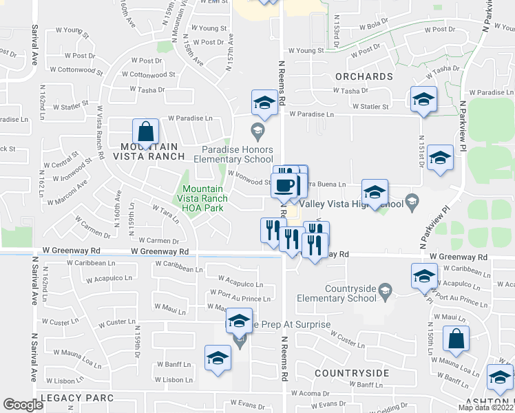map of restaurants, bars, coffee shops, grocery stores, and more near 15522 West Ocotillo Lane in Surprise