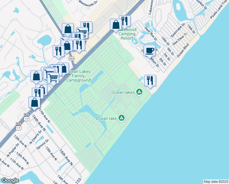 map of restaurants, bars, coffee shops, grocery stores, and more near N-16 Salt Works Drive in Myrtle Beach