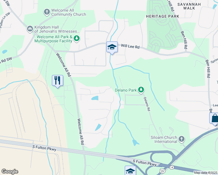 map of restaurants, bars, coffee shops, grocery stores, and more near 4127 Kensington Cove in College Park