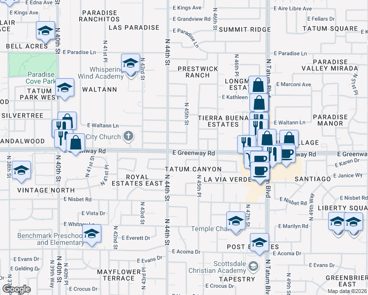 map of restaurants, bars, coffee shops, grocery stores, and more near 4424 East Beck Lane in Phoenix