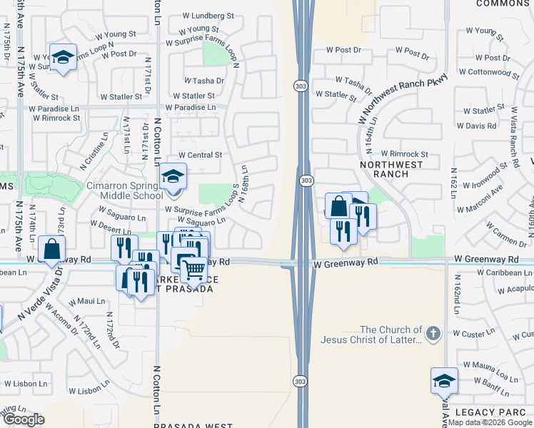 map of restaurants, bars, coffee shops, grocery stores, and more near 16819 West Sharon Drive in Surprise