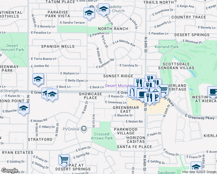 map of restaurants, bars, coffee shops, grocery stores, and more near 15434 North 62nd Street in Scottsdale