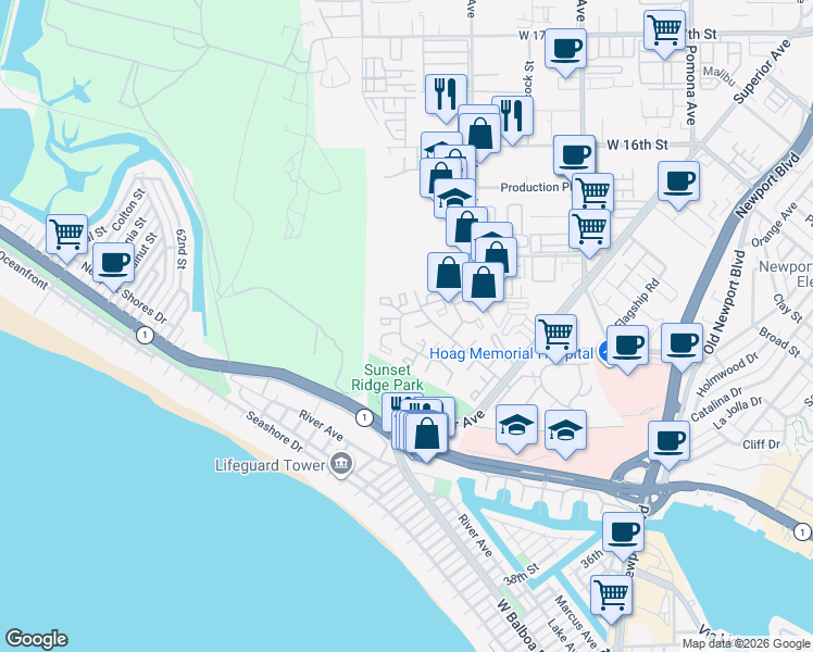 map of restaurants, bars, coffee shops, grocery stores, and more near 25 Odyssey Court in Newport Beach