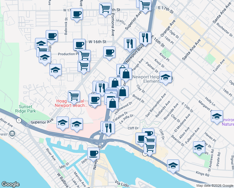 map of restaurants, bars, coffee shops, grocery stores, and more near 419 Old Newport Boulevard in Newport Beach