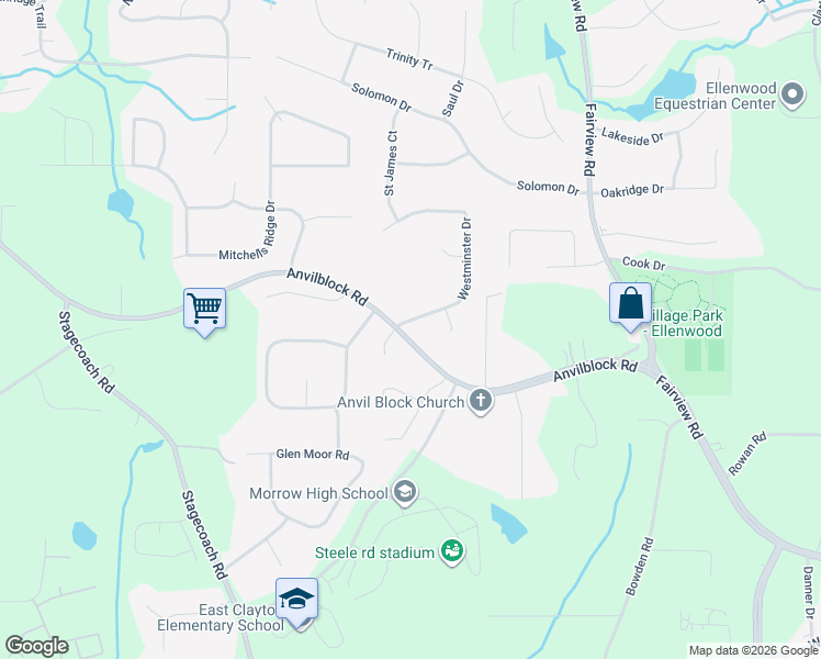 map of restaurants, bars, coffee shops, grocery stores, and more near 4664 Westminster Drive in Ellenwood