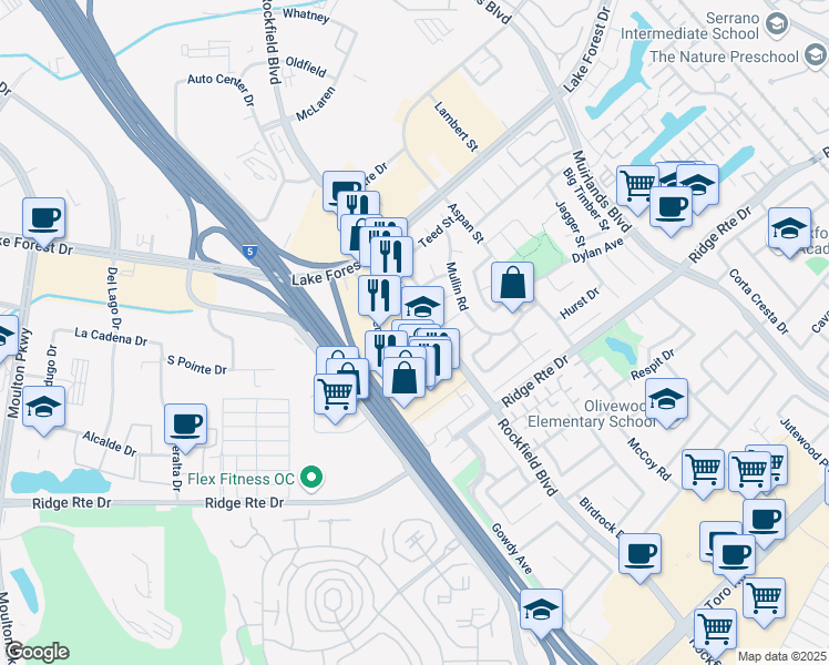 map of restaurants, bars, coffee shops, grocery stores, and more near 23792 Rockfield Boulevard in Lake Forest