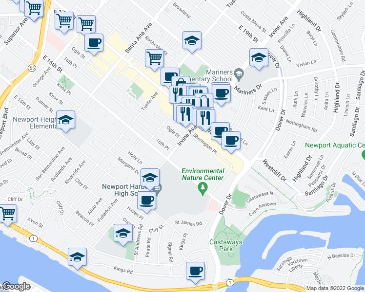 map of restaurants, bars, coffee shops, grocery stores, and more near 493 Ogle Street in Costa Mesa