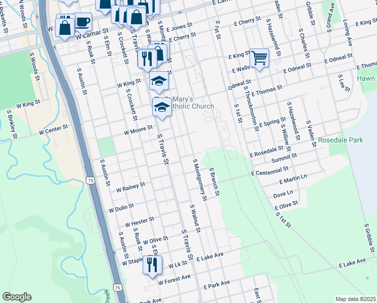 map of restaurants, bars, coffee shops, grocery stores, and more near 1013 South Walnut Street in Sherman