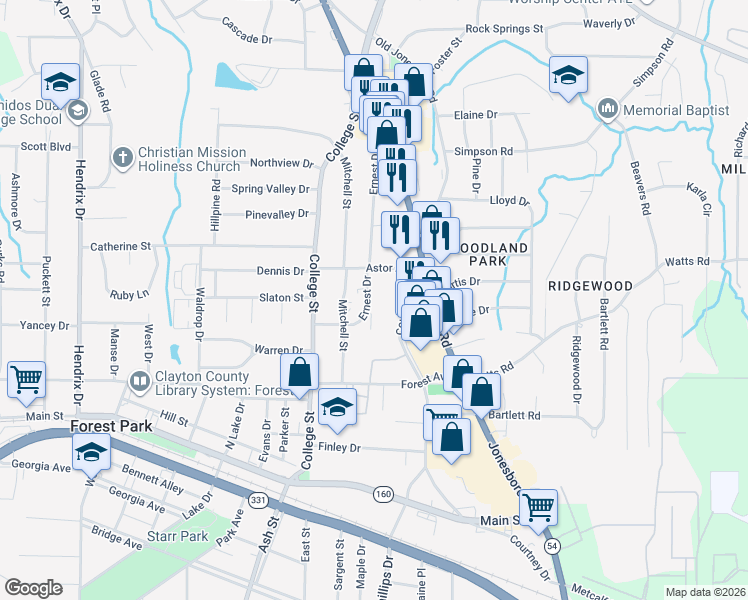 map of restaurants, bars, coffee shops, grocery stores, and more near 4694 Ernest Drive in Forest Park