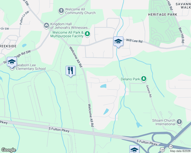 map of restaurants, bars, coffee shops, grocery stores, and more near 250 Laura Circle in College Park
