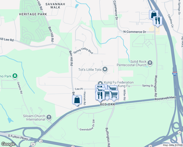 map of restaurants, bars, coffee shops, grocery stores, and more near 4715 Navaho Circle in College Park