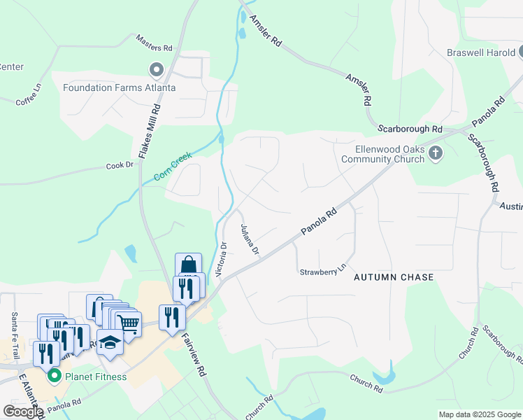 map of restaurants, bars, coffee shops, grocery stores, and more near 125 Wilhelmina Drive in Ellenwood