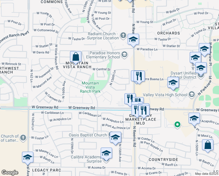 map of restaurants, bars, coffee shops, grocery stores, and more near 15647 West Ocotillo Lane in Surprise
