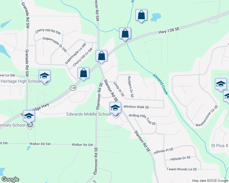 map of restaurants, bars, coffee shops, grocery stores, and more near 2396 Stanton Road Southeast in Conyers