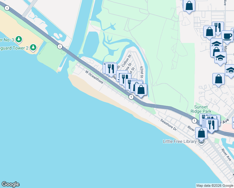 map of restaurants, bars, coffee shops, grocery stores, and more near 5626 Seashore Drive in Newport Beach