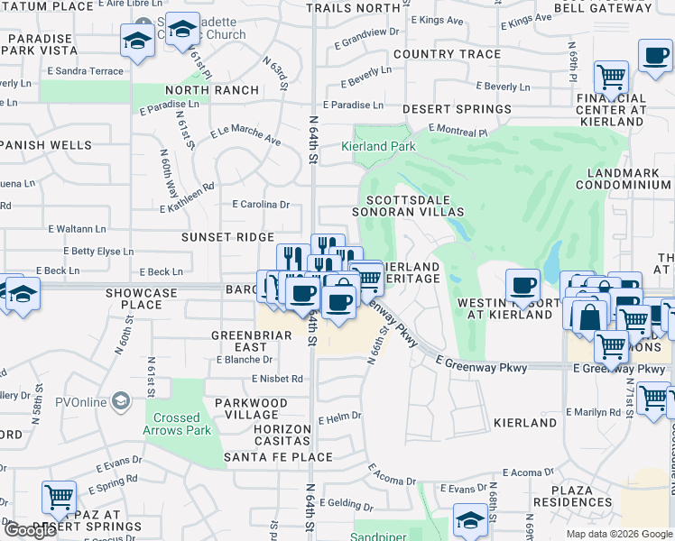 map of restaurants, bars, coffee shops, grocery stores, and more near 6412 East Beck Lane in Scottsdale