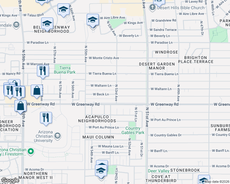 map of restaurants, bars, coffee shops, grocery stores, and more near 5301 West Waltann Lane in Glendale