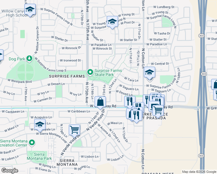map of restaurants, bars, coffee shops, grocery stores, and more near 17313 West Saguaro Lane in Surprise