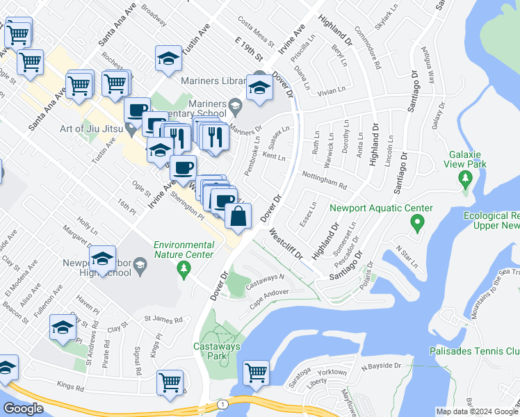 map of restaurants, bars, coffee shops, grocery stores, and more near 1500 Cornwall Lane in Newport Beach