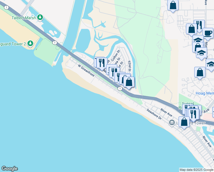 map of restaurants, bars, coffee shops, grocery stores, and more near 5626 Seashore Drive in Newport Beach