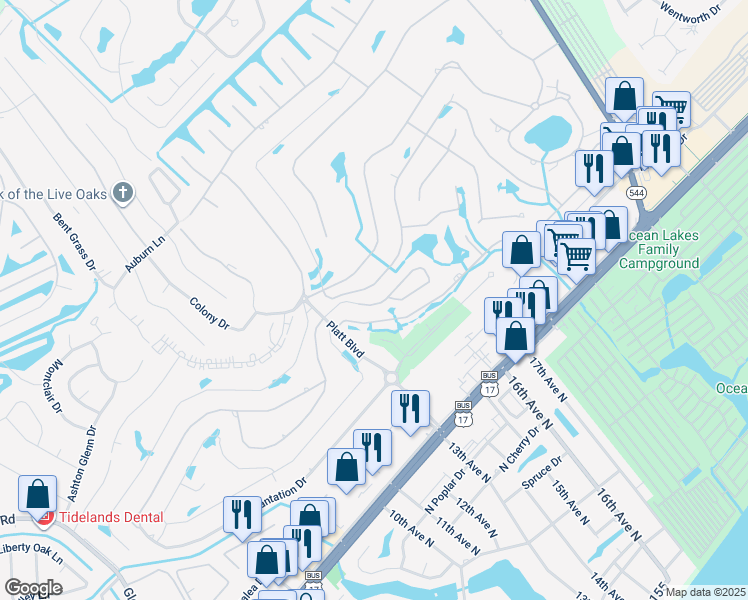 map of restaurants, bars, coffee shops, grocery stores, and more near 600 Deer Creek Road in Surfside Beach