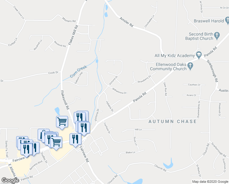 map of restaurants, bars, coffee shops, grocery stores, and more near 125 Wilhelmina Drive in Ellenwood