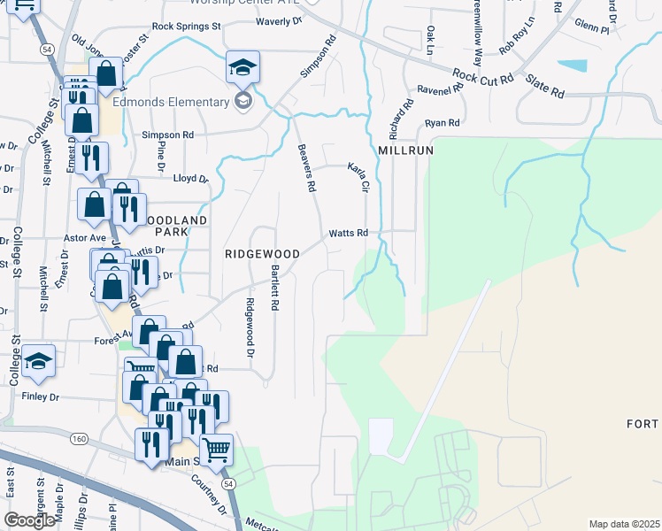 map of restaurants, bars, coffee shops, grocery stores, and more near 4699 Price Street in Forest Park
