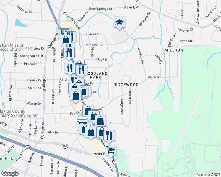 map of restaurants, bars, coffee shops, grocery stores, and more near 1230 Lloyd Drive in Forest Park